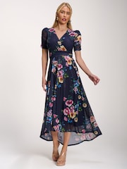 Jolie Moi Navy Blue Petite Mesh Print Dip Hem Maxi Dress - Image 6 of 6