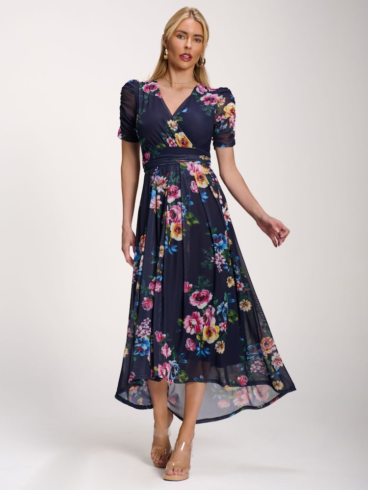 Jolie Moi Navy Blue Petite Mesh Print Dip Hem Maxi Dress - Image 6 of 6