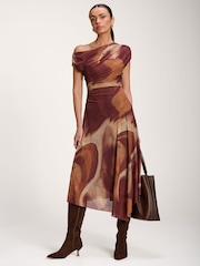 Jolie Moi Brown Asymmetric Draped Mesh Dress - Image 1 of 6
