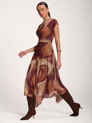 Jolie Moi Brown Asymmetric Draped Mesh Dress - Image 4 of 6