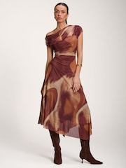 Jolie Moi Brown Asymmetric Draped Mesh Dress - Image 5 of 6