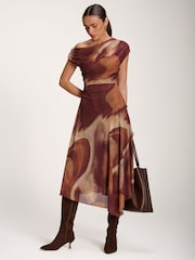 Jolie Moi Brown Asymmetric Draped Mesh Dress - Image 6 of 6