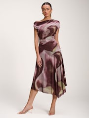 Jolie Moi Brown Asymmetric Draped Mesh Dress - Image 1 of 6