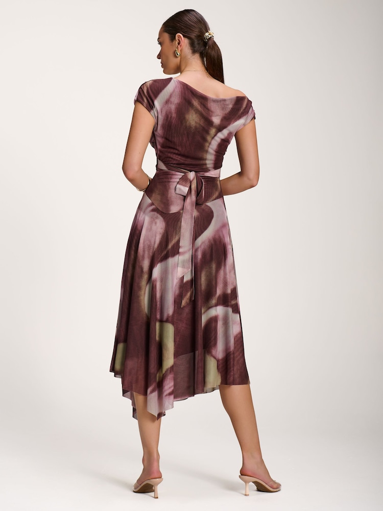 Jolie Moi Brown Asymmetric Draped Mesh Dress - Image 2 of 6 Jolie Moi Brown Asymmetric Draped Mesh Dress - Image 2 of 6