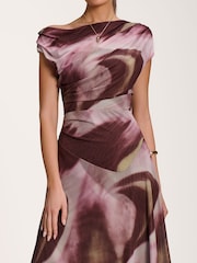 Jolie Moi Brown Asymmetric Draped Mesh Dress - Image 3 of 6