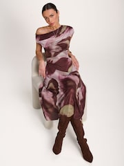 Jolie Moi Brown Asymmetric Draped Mesh Dress - Image 6 of 6