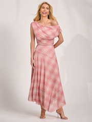 Jolie Moi Pink Asymmetric Draped Mesh Maxi Dress - Image 1 of 6