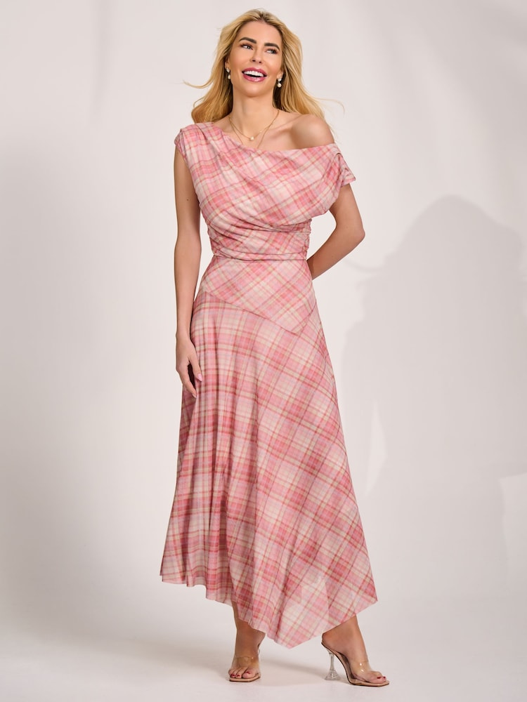 Jolie Moi Pink Asymmetric Draped Mesh Maxi Dress - Image 1 of 6 Jolie Moi Pink Asymmetric Draped Mesh Maxi Dress - Image 1 of 6