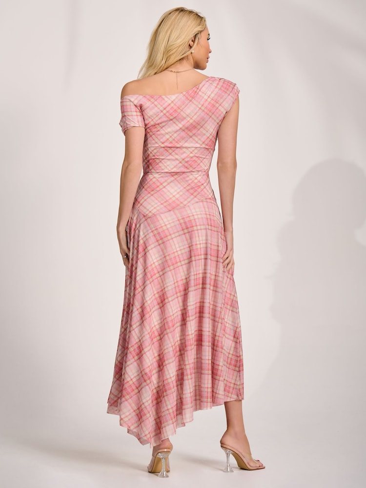 Jolie Moi Pink Asymmetric Draped Mesh Maxi Dress - Image 2 of 6 Jolie Moi Pink Asymmetric Draped Mesh Maxi Dress - Image 2 of 6