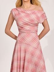 Jolie Moi Pink Asymmetric Draped Mesh Maxi Dress - Image 3 of 6
