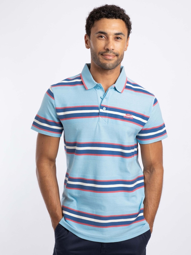 Weird Fish Blue Dent Block Stripe Polo Shirt - Image 1 of 7 Weird Fish Blue Dent Block Stripe Polo Shirt - Image 1 of 7