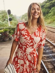 Weird Fish Red Dilsha Printed Midi Dress - Image 1 of 7
