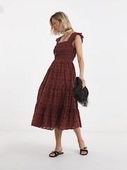 JD Williams Brown Broderie Shirred Frill Sleeve Maxi Dress - Image 1 of 4