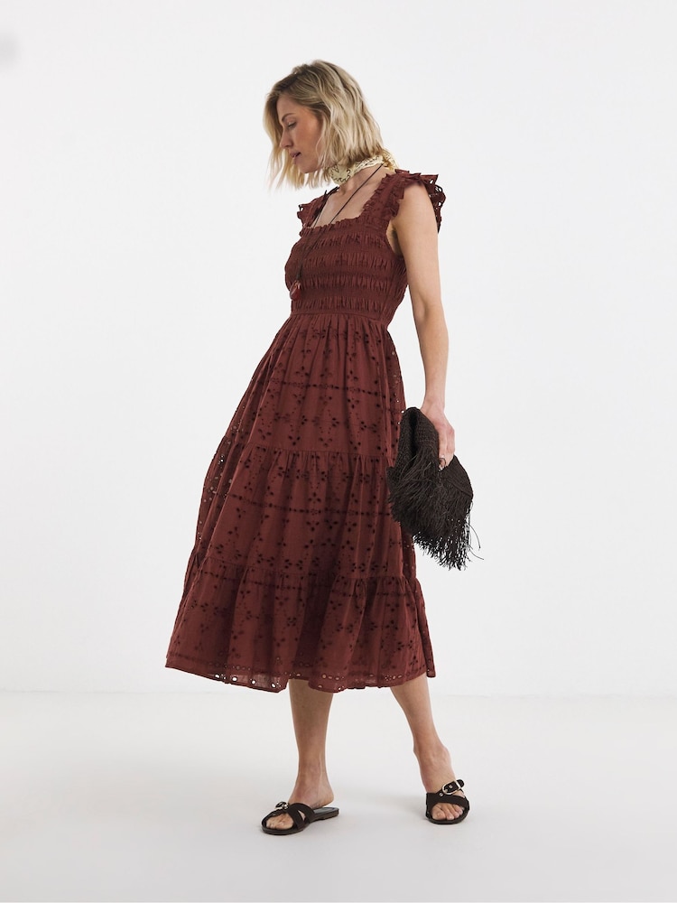 JD Williams Brown Broderie Shirred Frill Sleeve Maxi Dress - Image 1 of 4 JD Williams Brown Broderie Shirred Frill Sleeve Maxi Dress - Image 1 of 4
