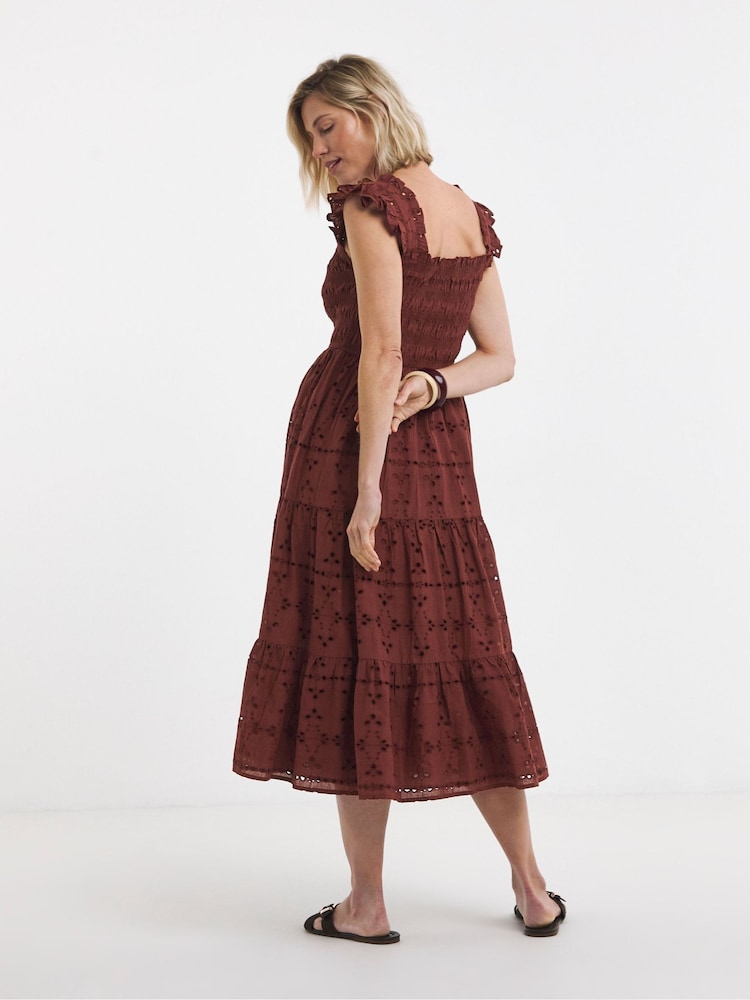 JD Williams Brown Broderie Shirred Frill Sleeve Maxi Dress - Image 2 of 4 JD Williams Brown Broderie Shirred Frill Sleeve Maxi Dress - Image 2 of 4