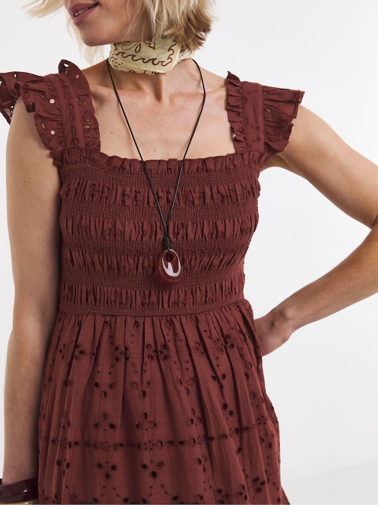 JD Williams Brown Broderie Shirred Frill Sleeve Maxi Dress - Image 4 of 4 JD Williams Brown Broderie Shirred Frill Sleeve Maxi Dress - Image 4 of 4