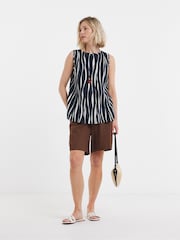 JD Williams Blue/White Pritned Linen Mix Pleated Peplum Shell Top - Image 1 of 4