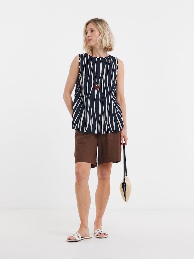 JD Williams Blue/White Pritned Linen Mix Pleated Peplum Shell Top - Image 1 of 4 JD Williams Blue/White Pritned Linen Mix Pleated Peplum Shell Top - Image 1 of 4
