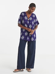 JD Williams Blue Printed Linen Mix Metal Trim Tunic Top - Image 1 of 4