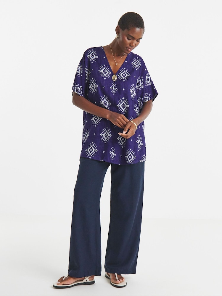 JD Williams Blue Printed Linen Mix Metal Trim Tunic Top - Image 1 of 4 JD Williams Blue Printed Linen Mix Metal Trim Tunic Top - Image 1 of 4