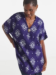 JD Williams Blue Printed Linen Mix Metal Trim Tunic Top - Image 3 of 4