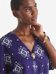JD Williams Blue Printed Linen Mix Metal Trim Tunic Top - Image 4 of 4