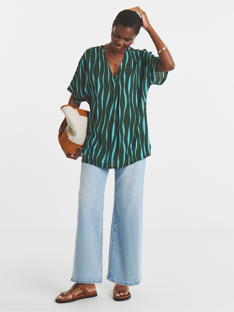 JD Williams Blue Stripe Printed Crinkle Tunic Top - Image 1 of 4 JD Williams Blue Stripe Printed Crinkle Tunic Top - Image 1 of 4