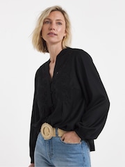 JD Williams Black Broderie Trim Button Blouse - Image 3 of 4
