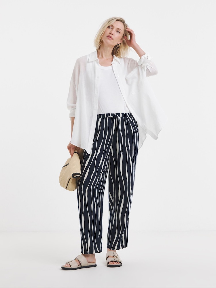 JD Williams Blue/White Linen Mix Barrel Trousers - Image 1 of 4 JD Williams Blue/White Linen Mix Barrel Trousers - Image 1 of 4