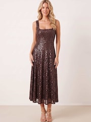 Style Cheat Brown Sequin Fit And Flare Dress - Image 1 of 5