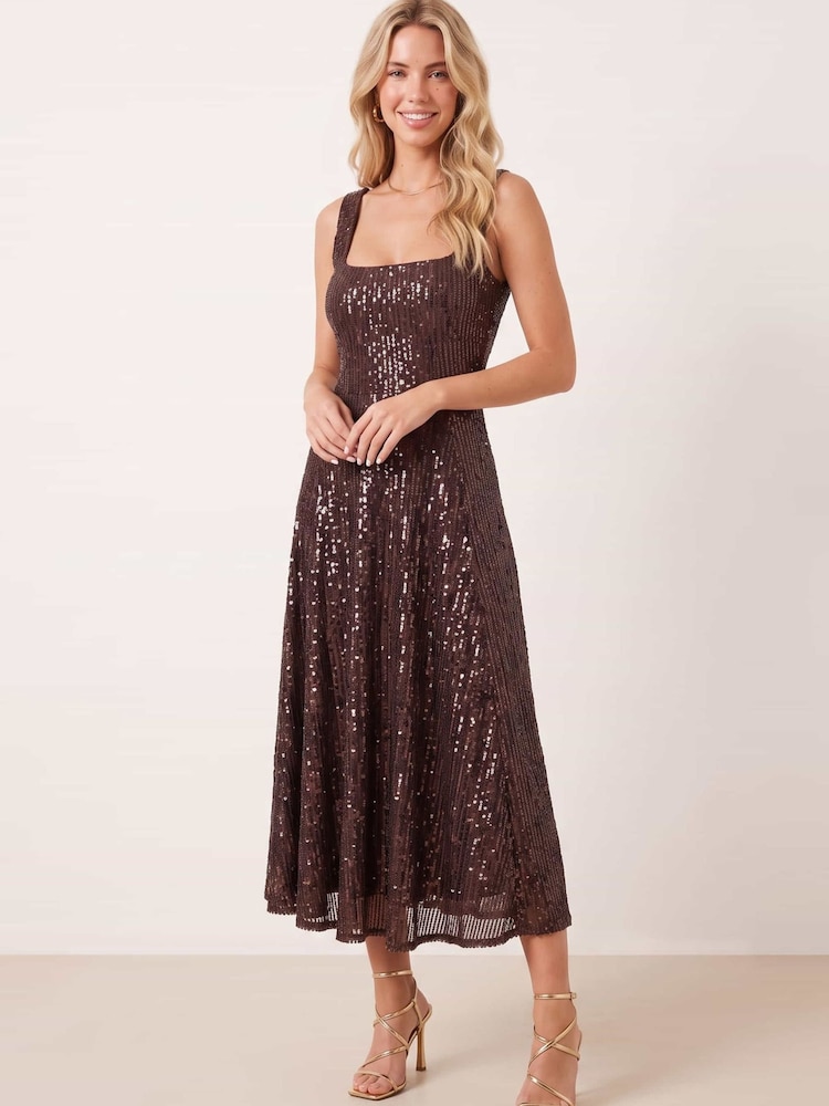 Style Cheat Brown Sequin Fit And Flare Dress - Image 2 of 5 Style Cheat Brown Sequin Fit And Flare Dress - Image 2 of 5