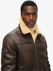 Superdry Brown Faux Shearling Aviator Jacket - Image 3 of 8