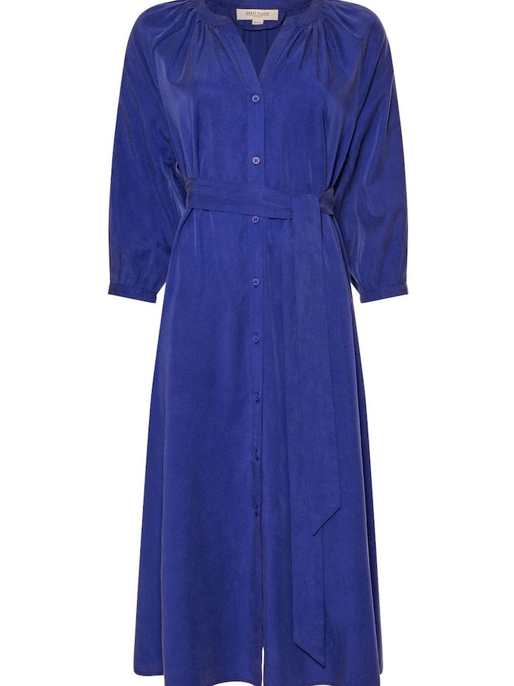 Great Plains Blue Simple Lyocell Long Sleeve Belt Mid Dress - Image 3 of 3