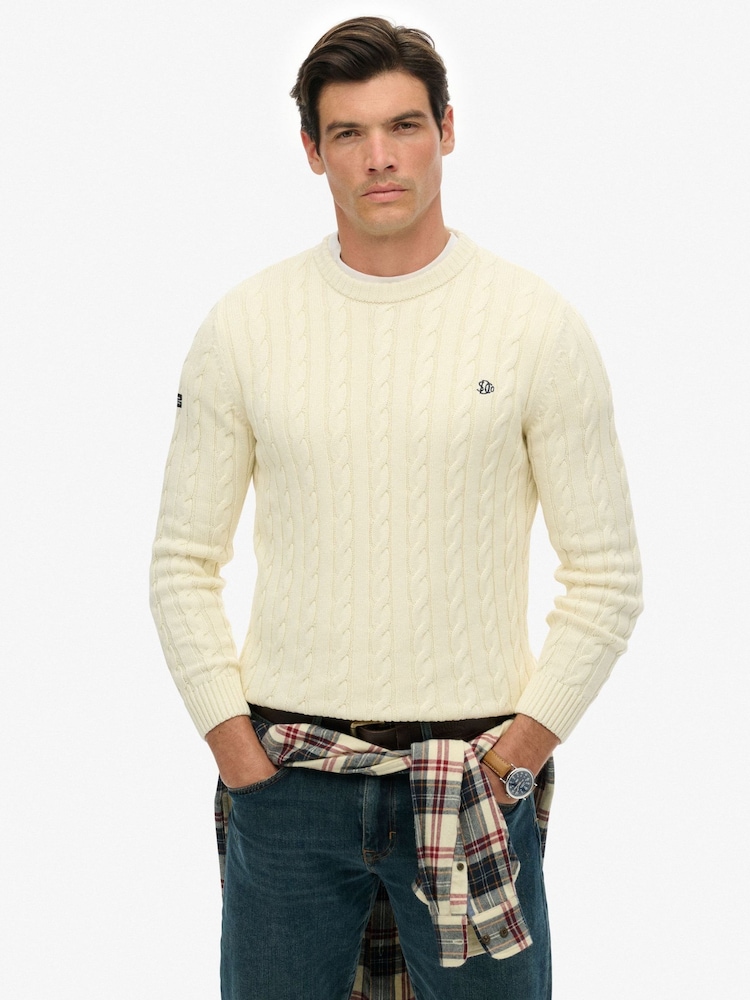 Superdry Cream Cotton Cable Knit Crew Neck Jumper - Image 1 of 5 Superdry Cream Cotton Cable Knit Crew Neck Jumper - Image 1 of 5