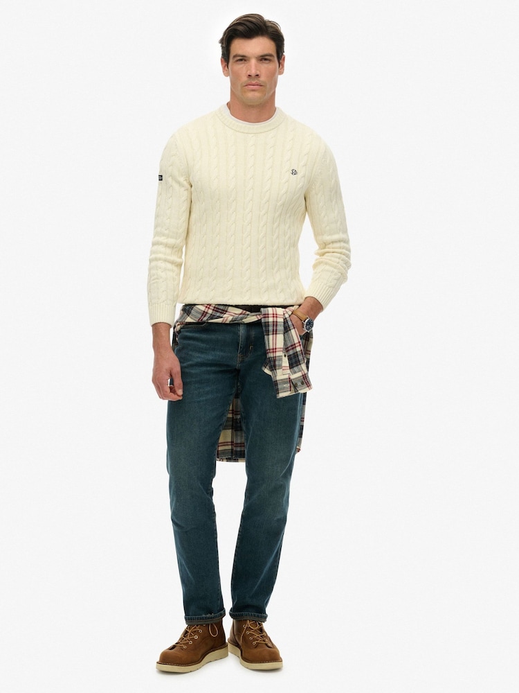 Superdry Cream Cotton Cable Knit Crew Neck Jumper - Image 2 of 5 Superdry Cream Cotton Cable Knit Crew Neck Jumper - Image 2 of 5