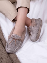 Totes Pink Ladies Herringbone Velour Moccasin With Faux Fur Cuff & Bow Detail - Image 1 of 5