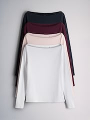 The Set 4 Pack Boat Neck Ribbed T-Shirts Navy/Burgundy/Pink/White - Image 1 of 7