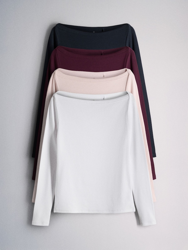 The Set 4 Pack Boat Neck Ribbed T-Shirts Navy/Burgundy/Pink/White - Image 1 of 7