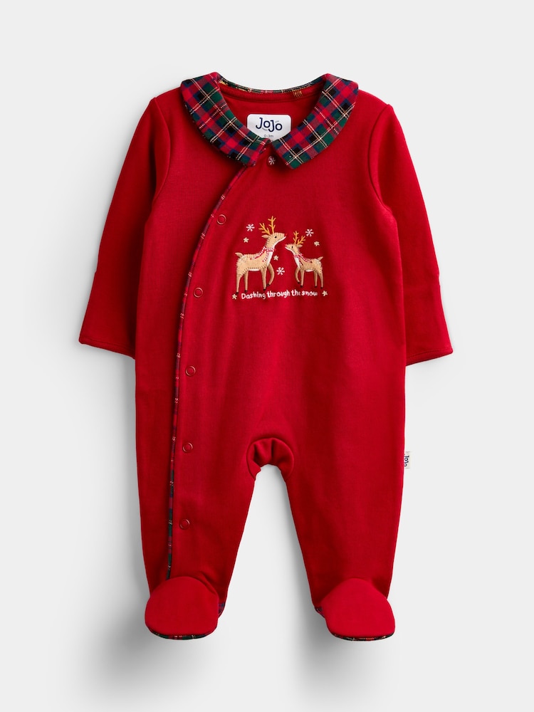 JoJo Maman Bébé Red Christmas Embroidered Footed Sleepsuit - Image 1 of 5