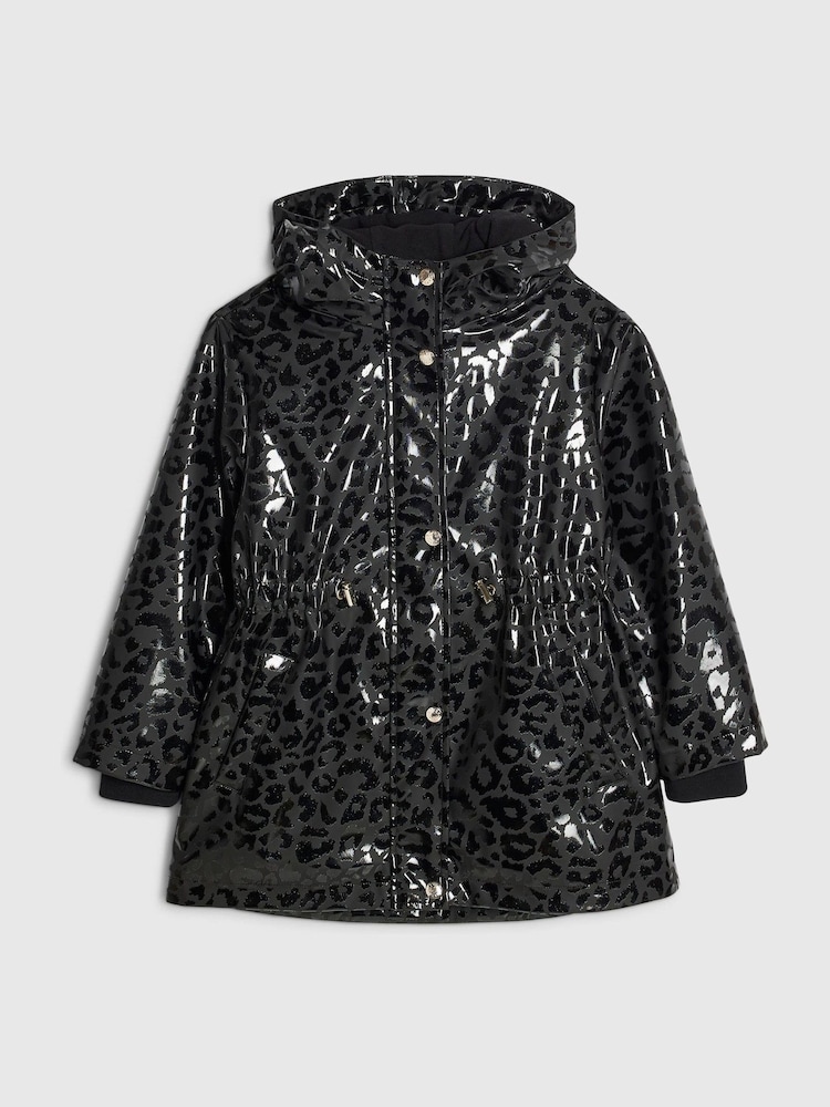 River Island Black Leopard Print Hooded Rain Jacket - Image 1 of 4