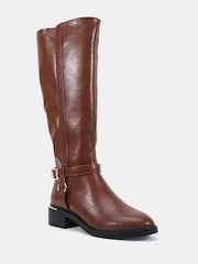 Novo Brown Gerald Buckle Ring Detail Knee High Stretch Back Riding Boots - Image 3 of 6