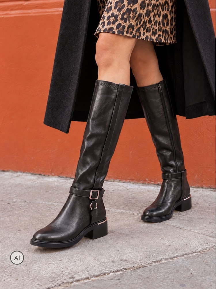 Novo Black Gerald Buckle Ring Detail Knee High Stretch Back Riding Boots - Image 1 of 6