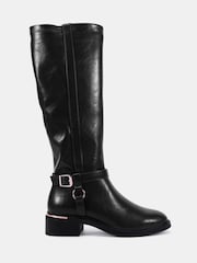 Novo Black Gerald Buckle Ring Detail Knee High Stretch Back Riding Boots - Image 2 of 6