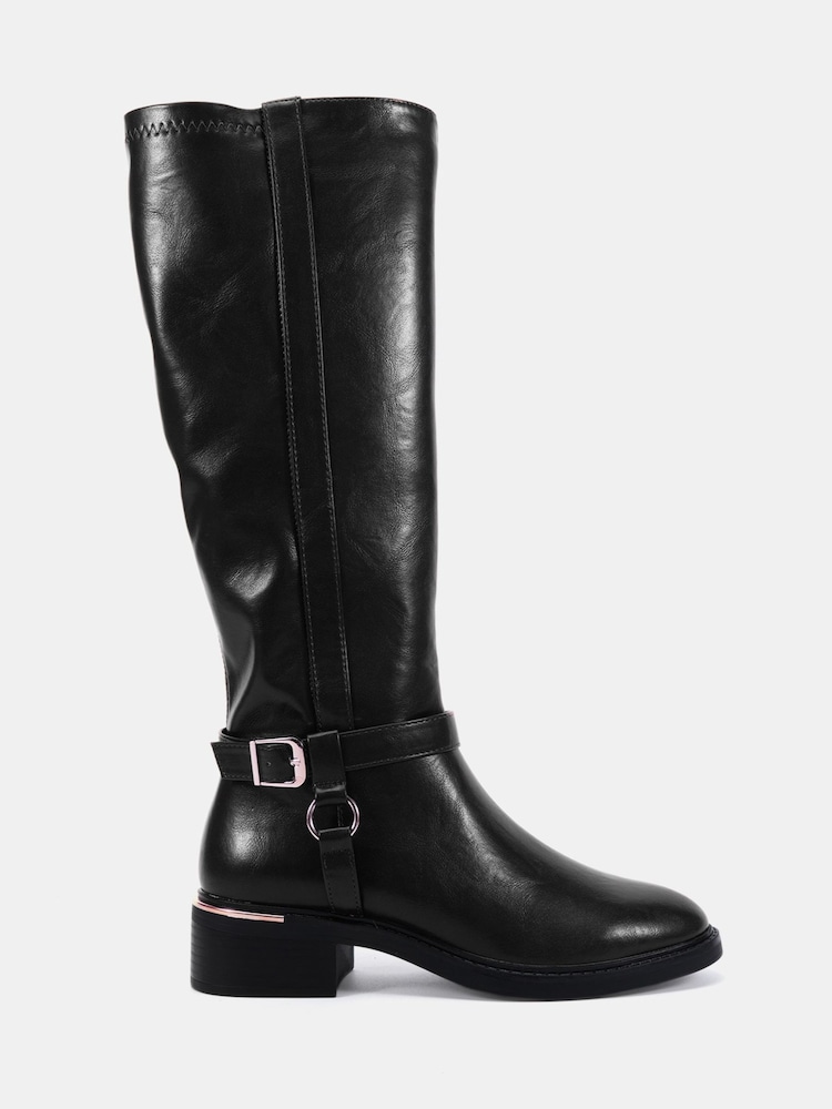 Novo Black Gerald Buckle Ring Detail Knee High Stretch Back Riding Boots - Image 2 of 6
