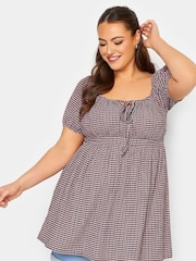 Yours Curve Pink Limited Gingham Crinkle Boho Top - Image 1 of 4