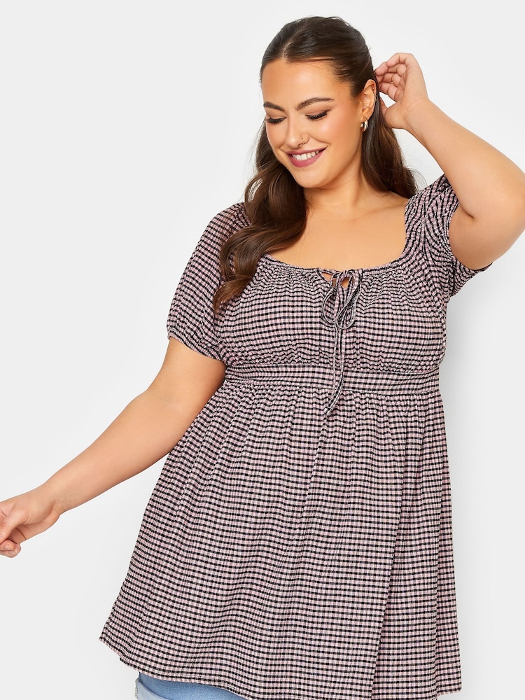 Yours Curve Pink Limited Gingham Crinkle Boho Top - Image 1 of 4 Yours Curve Pink Limited Gingham Crinkle Boho Top - Image 1 of 4