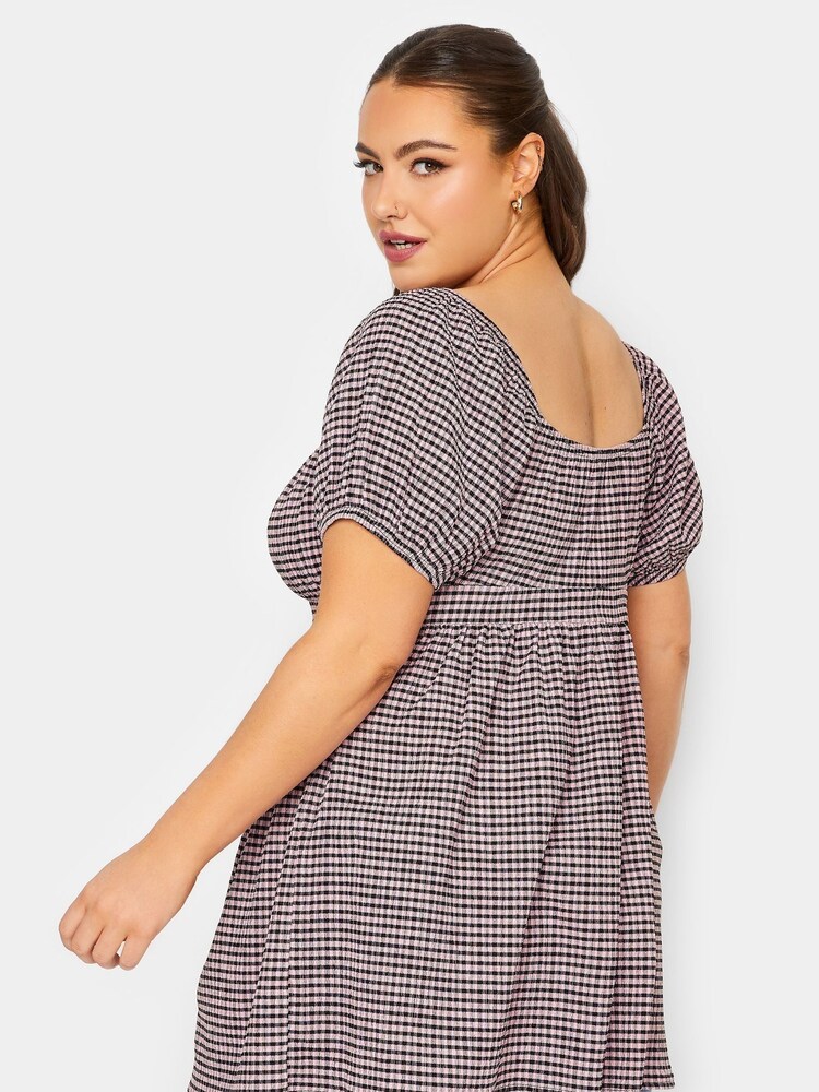 Yours Curve Pink Limited Gingham Crinkle Boho Top - Image 2 of 4 Yours Curve Pink Limited Gingham Crinkle Boho Top - Image 2 of 4