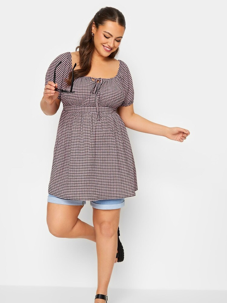 Yours Curve Pink Limited Gingham Crinkle Boho Top - Image 4 of 4 Yours Curve Pink Limited Gingham Crinkle Boho Top - Image 4 of 4