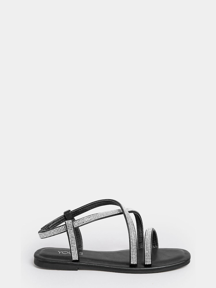 Yours Curve Black Extra Wide Fit Extra-Wide Fit Diamante Flat Strappy Sandal - Image 2 of 5