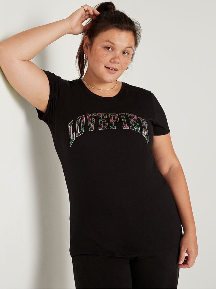Victoria's Secret PINK Pure Black Knit Short Sleeve Perfect T-Shirt - Image 1 of 4 Victoria's Secret PINK Pure Black Knit Short Sleeve Perfect T-Shirt - Image 1 of 4